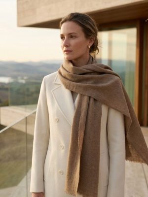 Woman wearing the handwoven Cervelt scarf over a cream coat