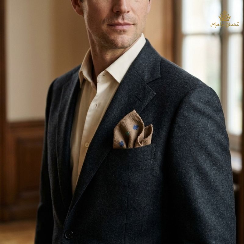 Cervelt pocket square in a puff fold in a charcoal jacket breast pocket